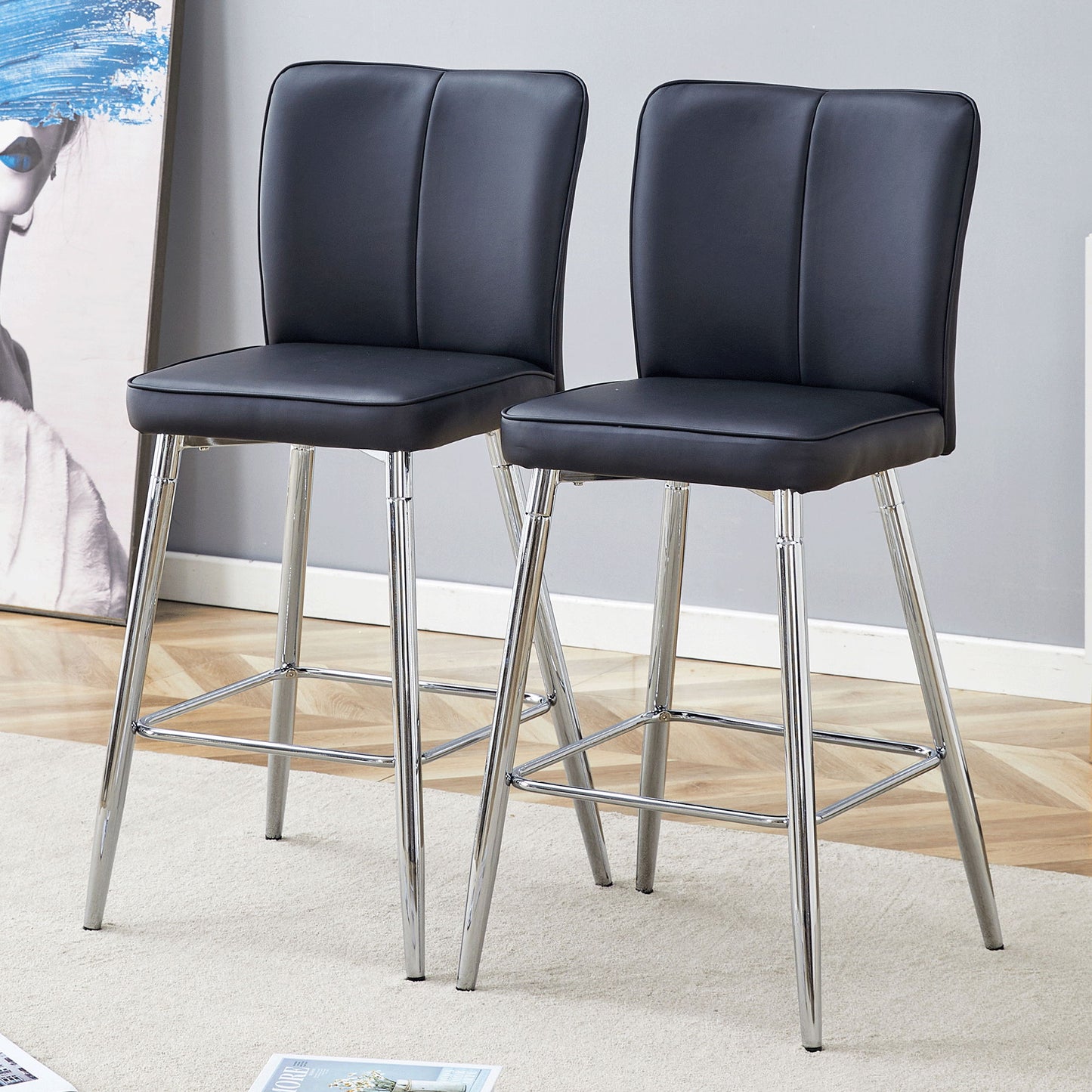 Modern Bar Chair Set Streamlined Backrest Metal Legs 2 Pieces - Black / Silver