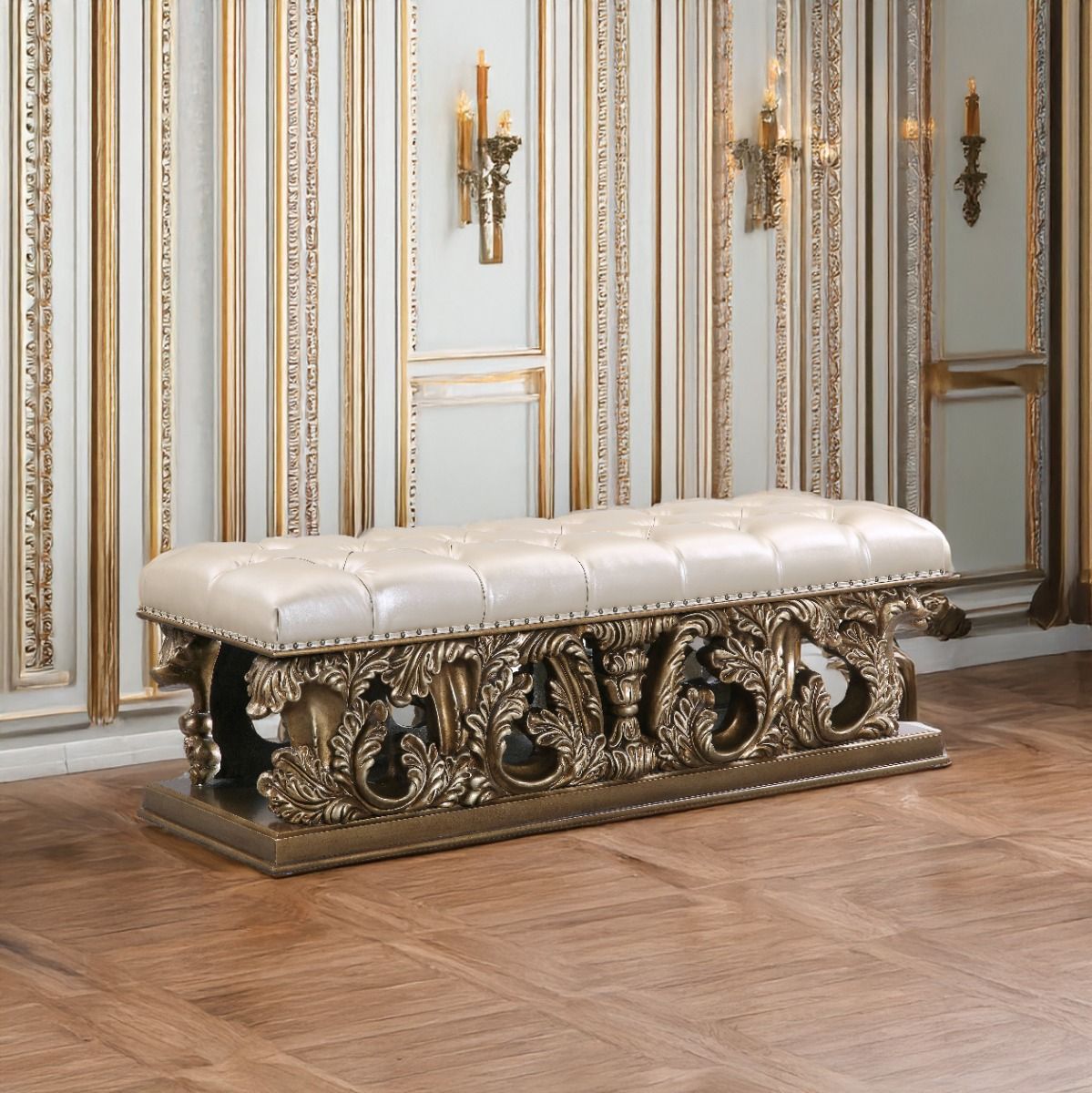 Constantine - Bench - Light Gold Synthetic Leather , Brown & Gold