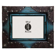 Picture Frame - 5" x 7" Painted Distressed Wood With Leather Corners  - Blue