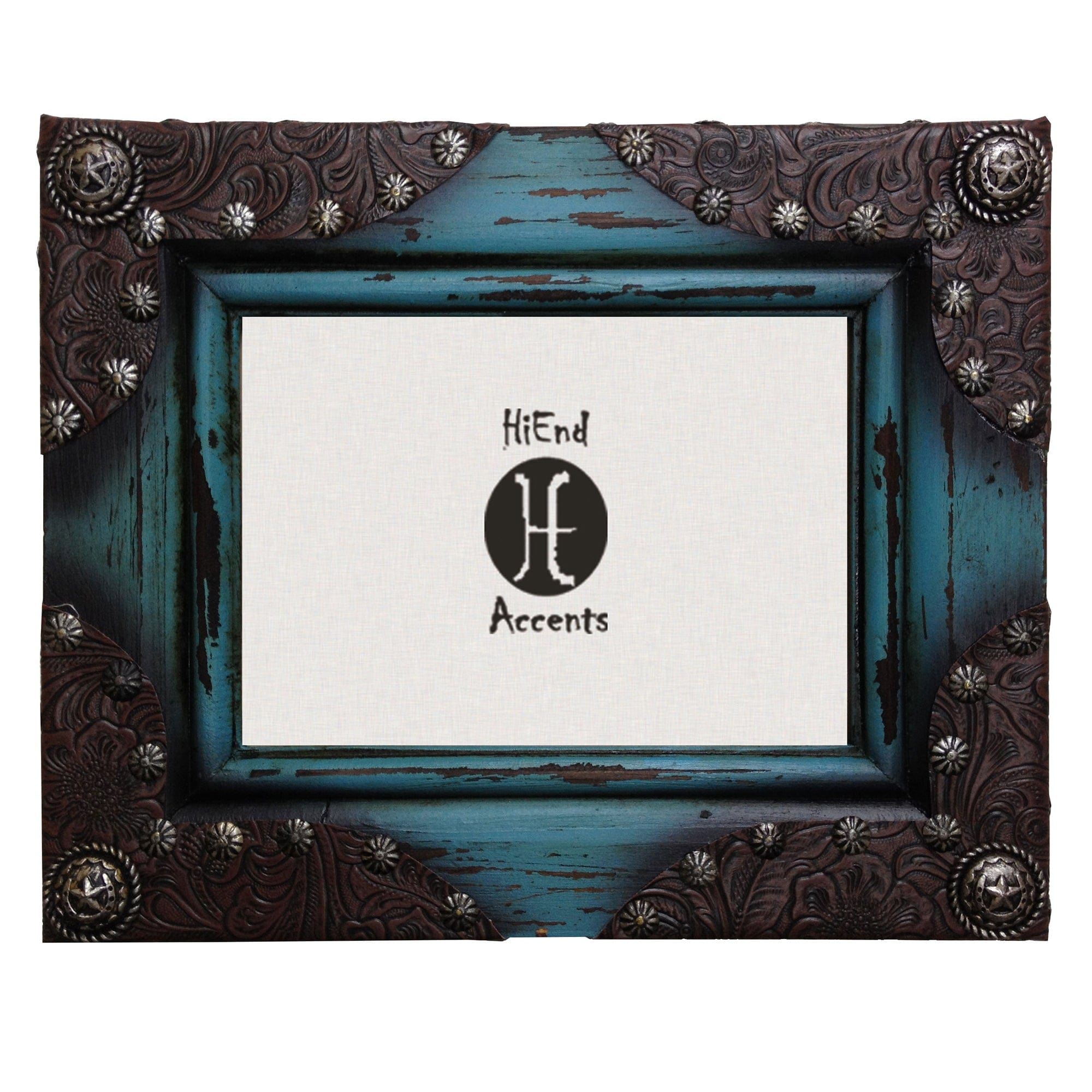 Picture Frame - 5" x 7" Painted Distressed Wood With Leather Corners 4 Per Carton - Blue