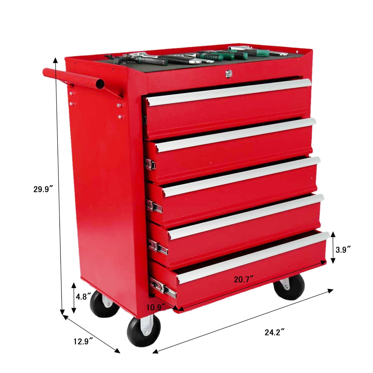5 Drawer Metal Rolling Tool Chest With Locking System And Wheels - Red