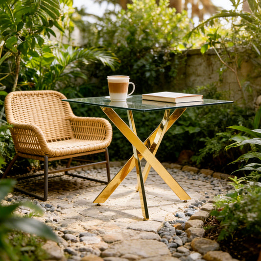 Dining Table With Cross Metal Leg And Tempered Glass, Modern Space Saving Kitchen Table For Living Room Legs, Square Table