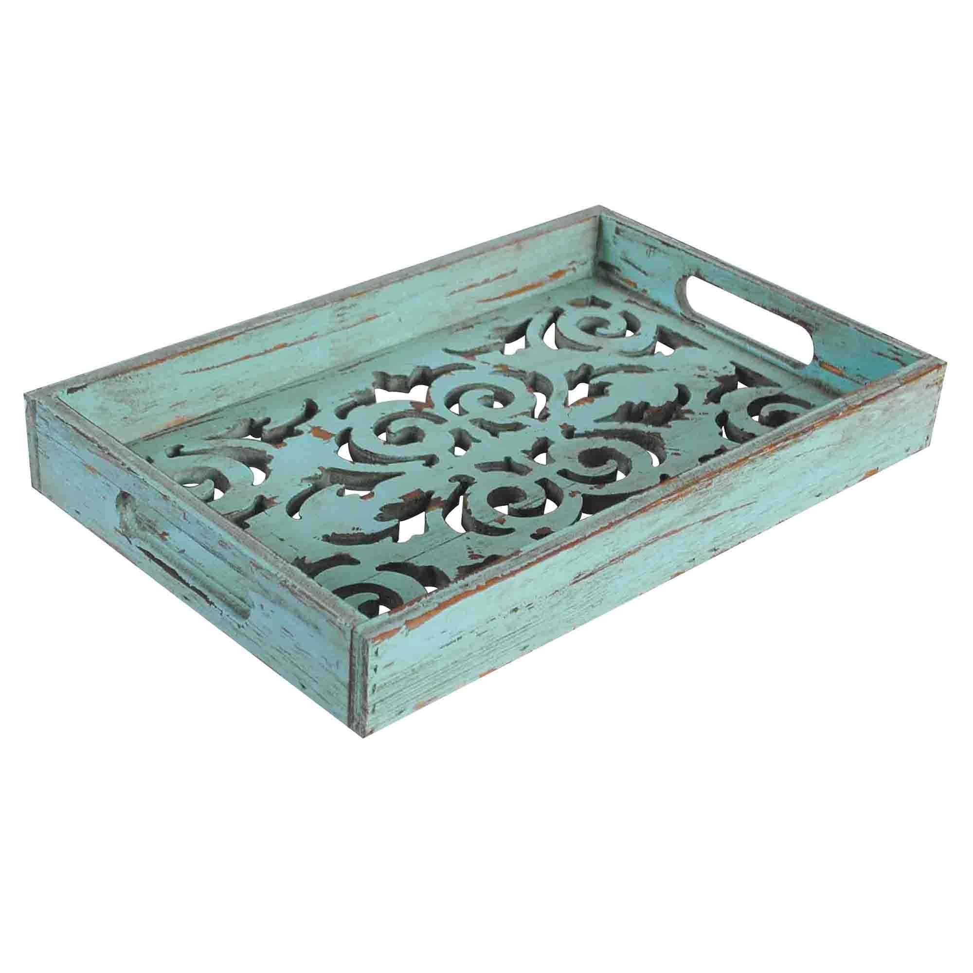 Turquoise - Wooden Decorative Scroll Carved Tray 2 Per Carton - Turquoise