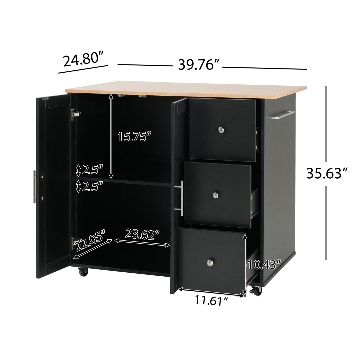 Mobile Kitchen Cart With Storage With 2 Doors, 3 Drawers & Adjustable Shelf - Black / Natural