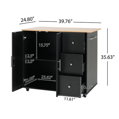 Mobile Kitchen Cart With Storage With 2 Doors, 3 Drawers & Adjustable Shelf - Black / Natural