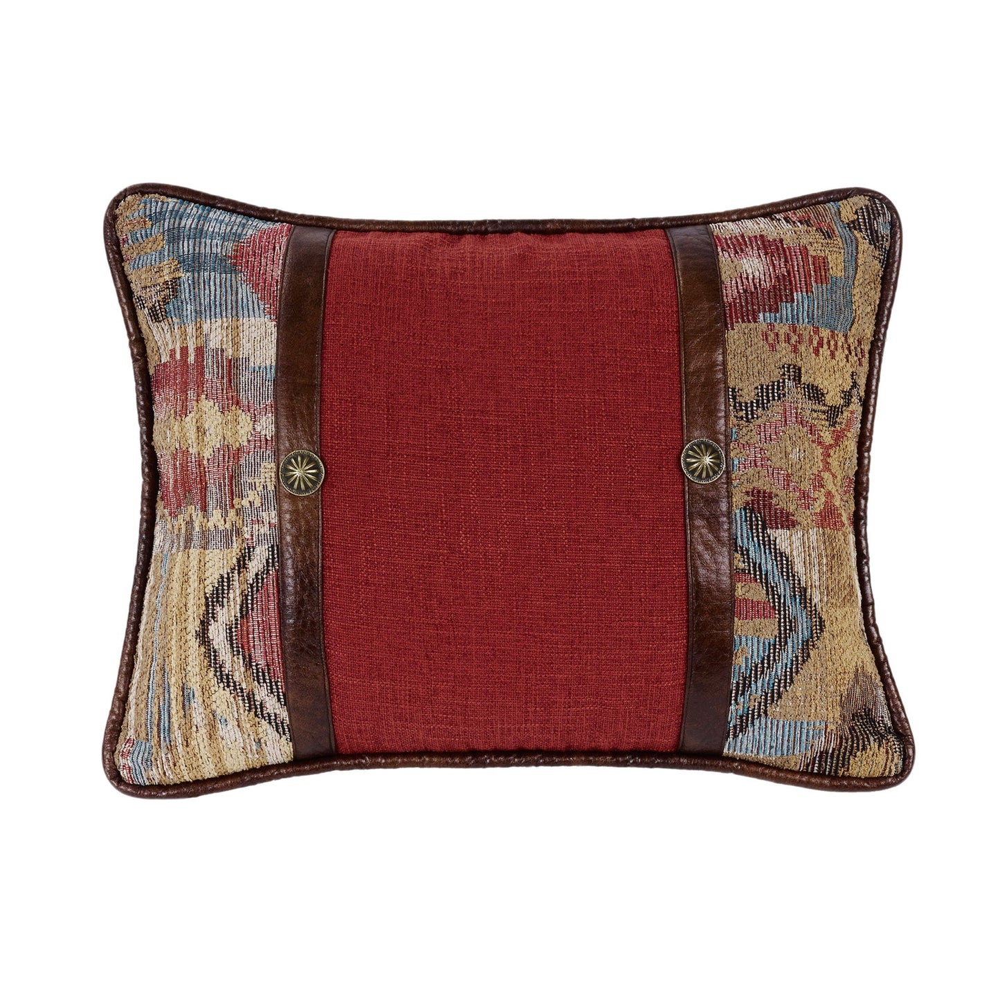 Ruidoso - Chenille Geometric Oblong Pillow With Conchos - Red / Gold / Blue