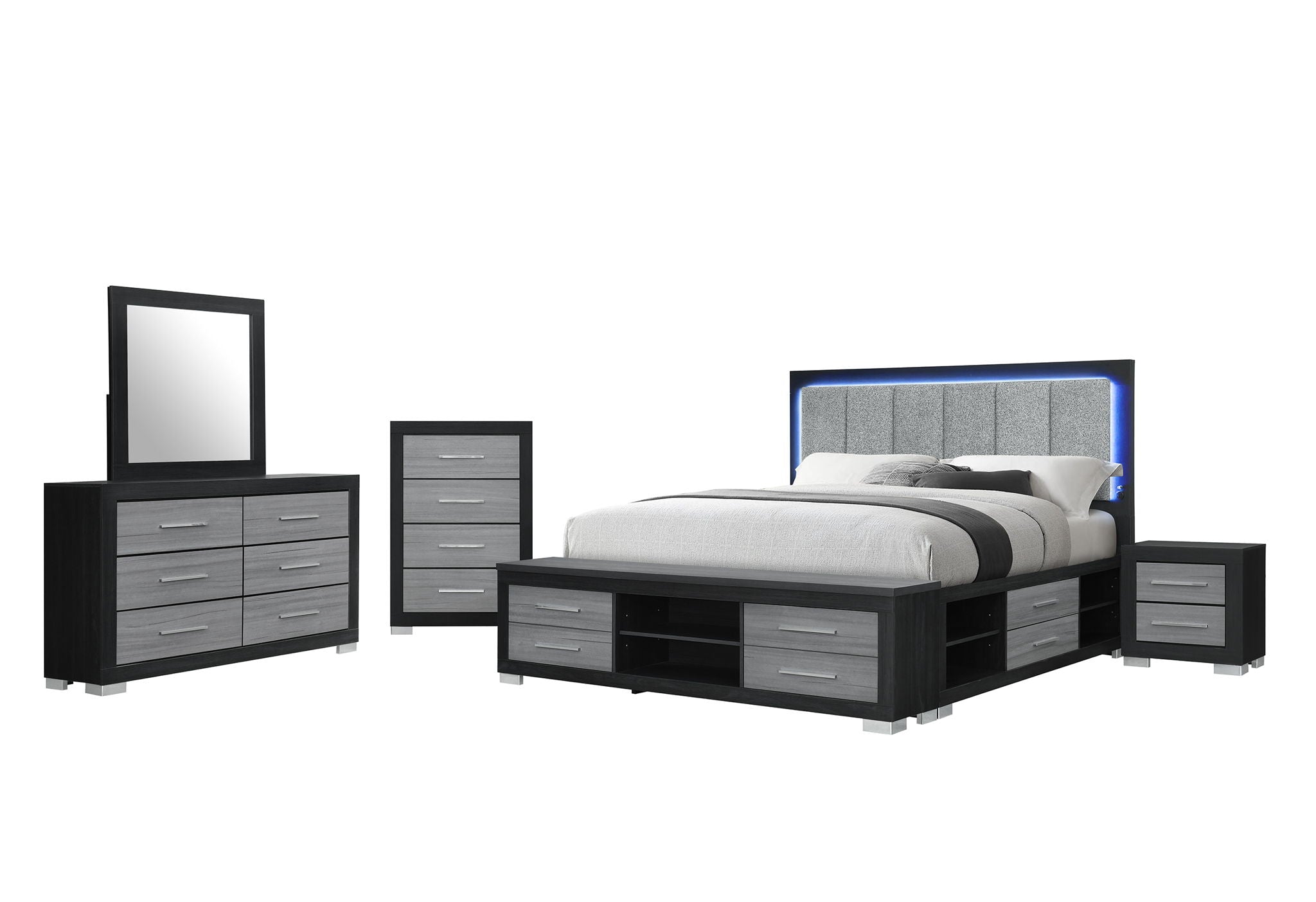 Emma - King Bed With LED And USB - Black / Gray