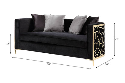 Fergal - Loveseat With 4 Pillows - Black Velvet & Gold
