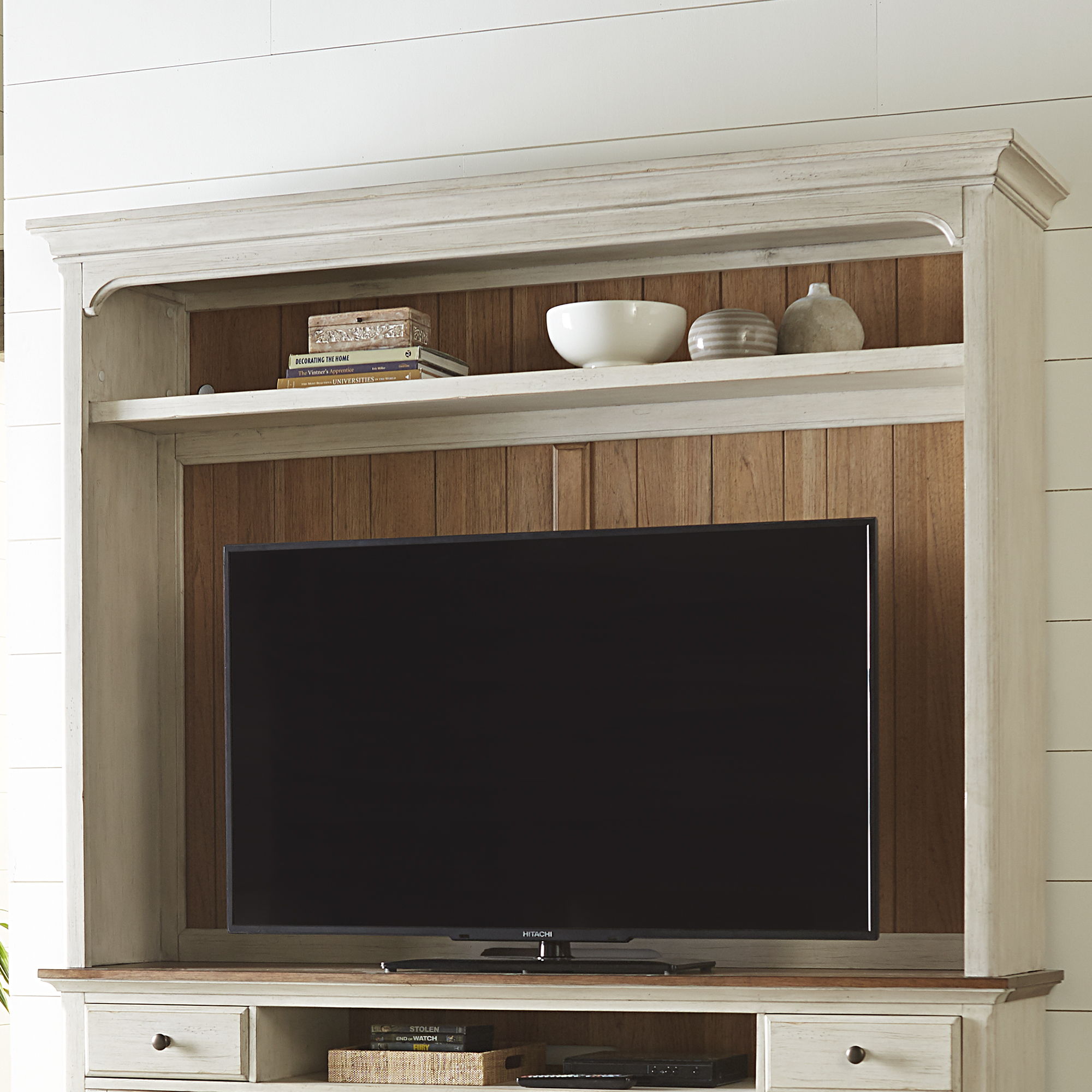Farmhouse Reimagined - Entertainment Hutch - Antique White / Chestnut Tops