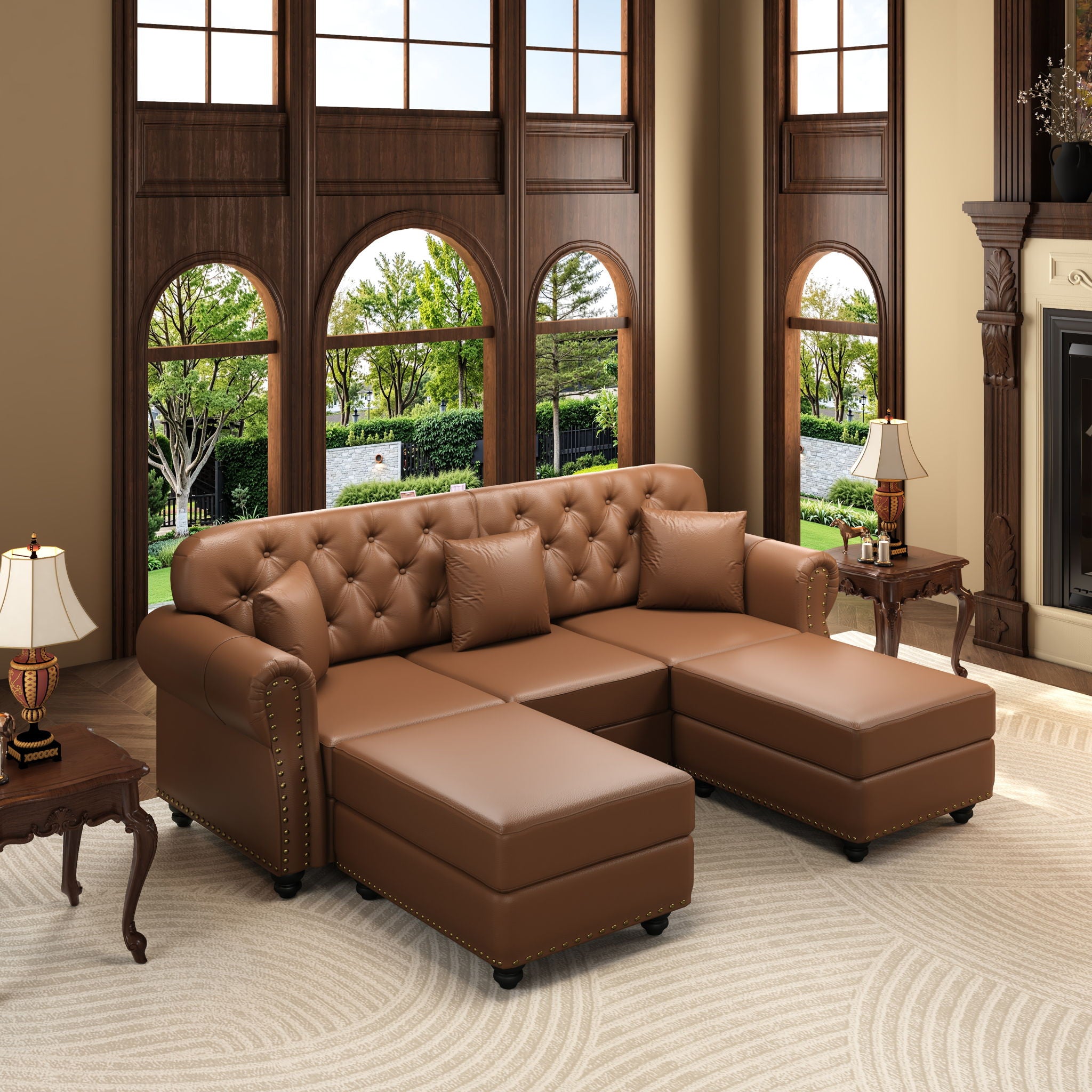 Upholstered Sofa With Nailhead Trim, Rolled Armrests With Ottoman