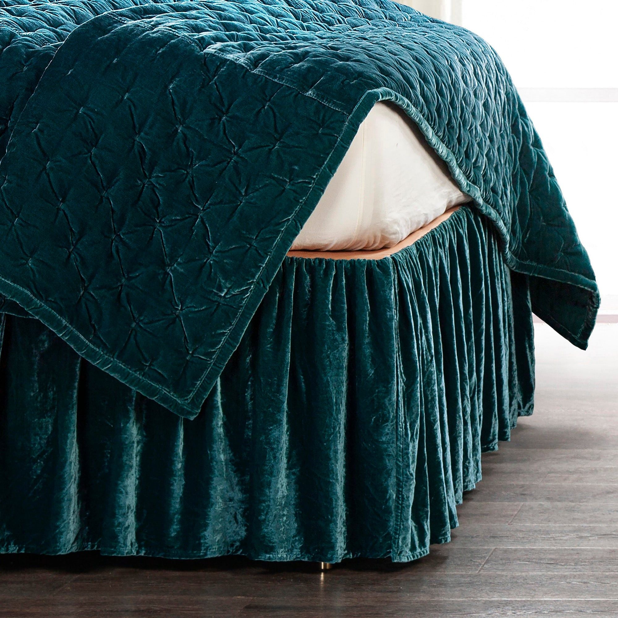 Stella - Queen Faux Silk Velvet Bed Skirt - Teal