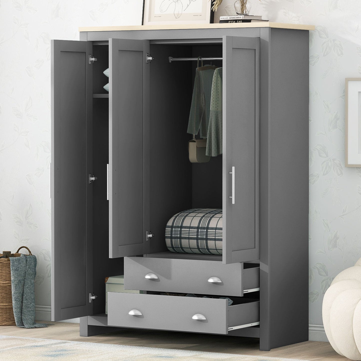 3 Door Storage Wardrobe With Cabinets And 2 Hanging Rods - Gray