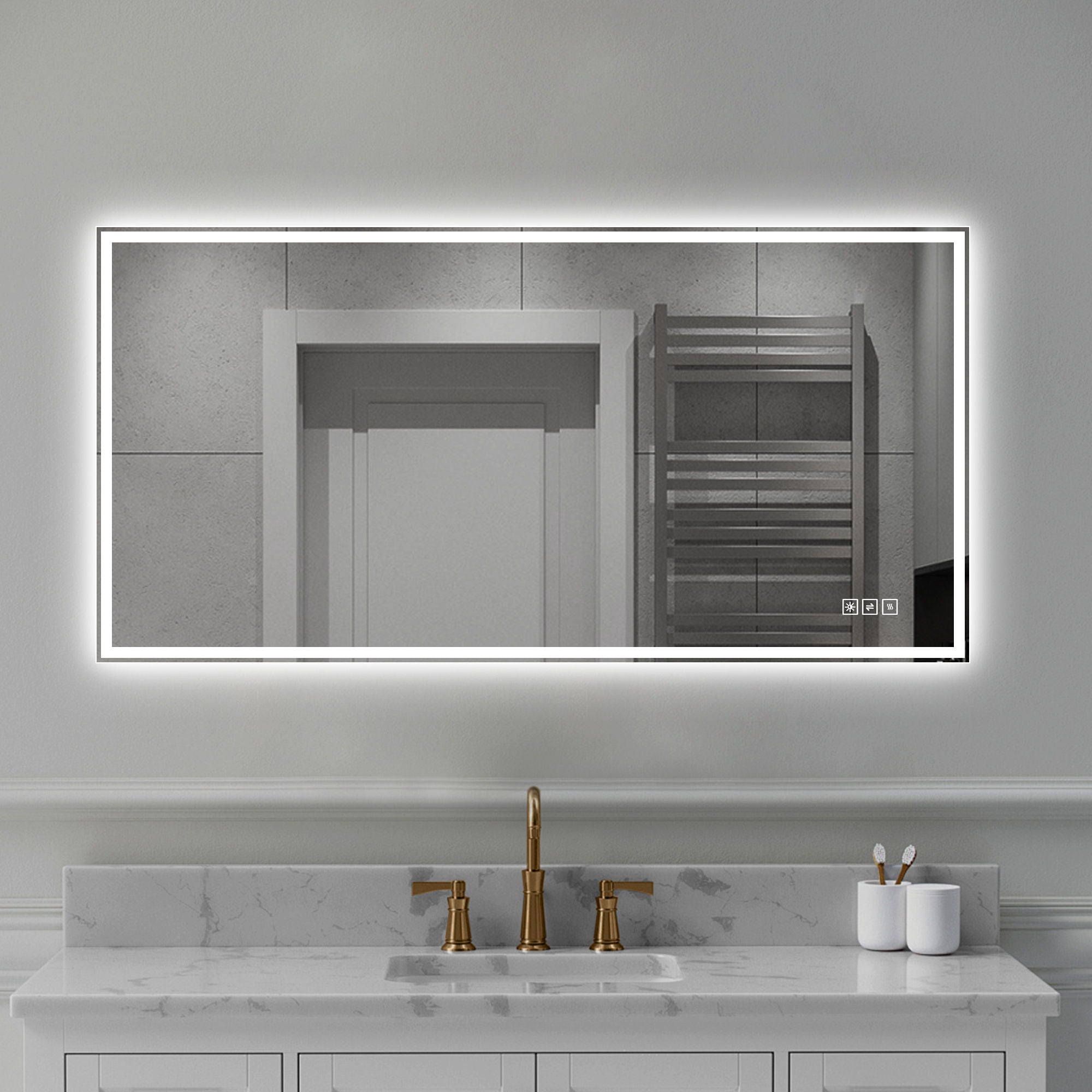 LED Bathroom Vanity Wall Mirror With Straight Edge Design, Frosted Glass Finish, Anti Fog, Dimmable 3 Color Lighting - Silver