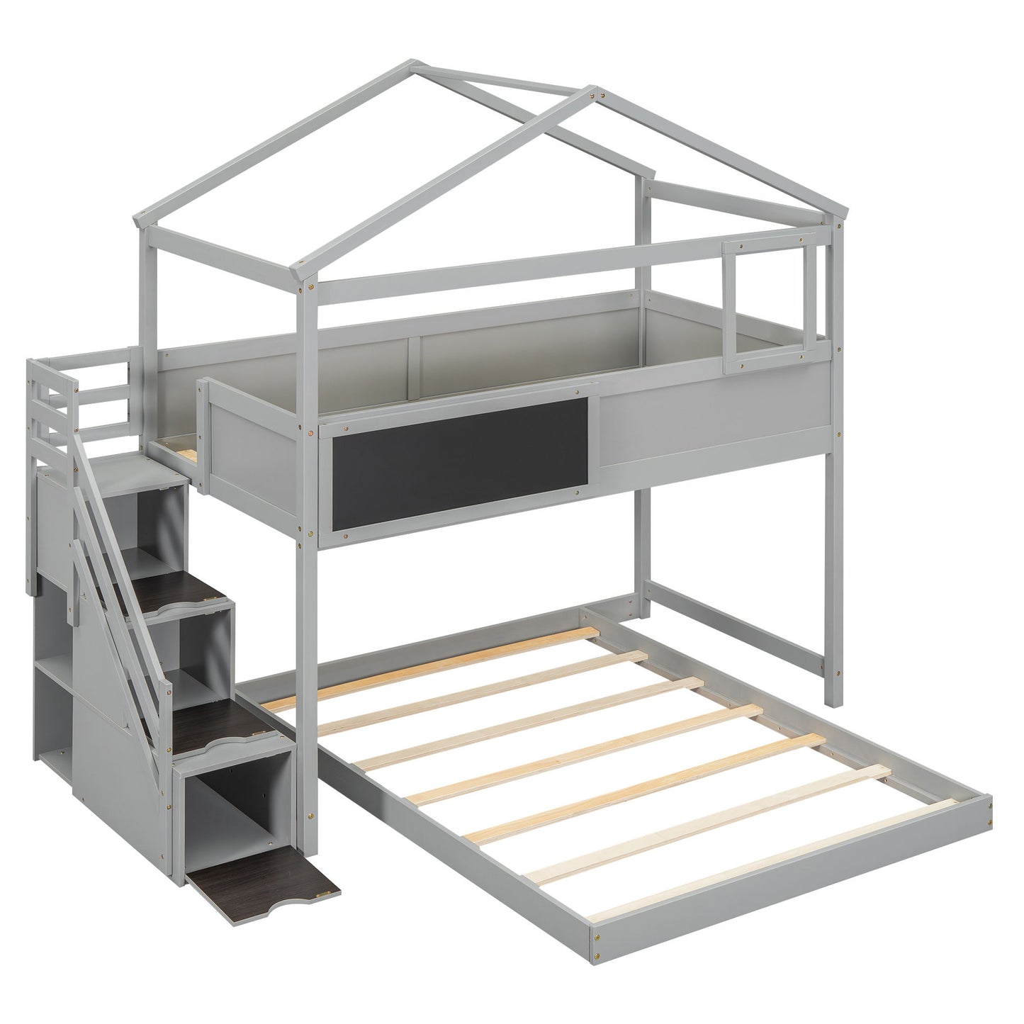 House Style Bunk Bed With Storage Staircase And Blackboard