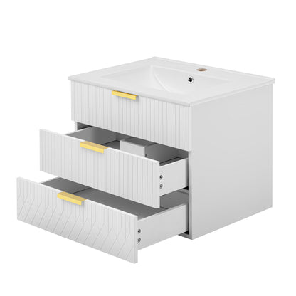 Wall Mounted Floating Cabinet With Double Drawer, Rectangular Sink