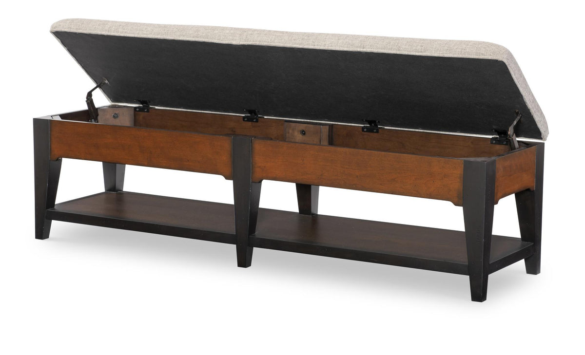 Fenmore - Upholstered Storage Bench (Lift Top, 1 Open Shelf) - Mocha and Distressed Cherry
