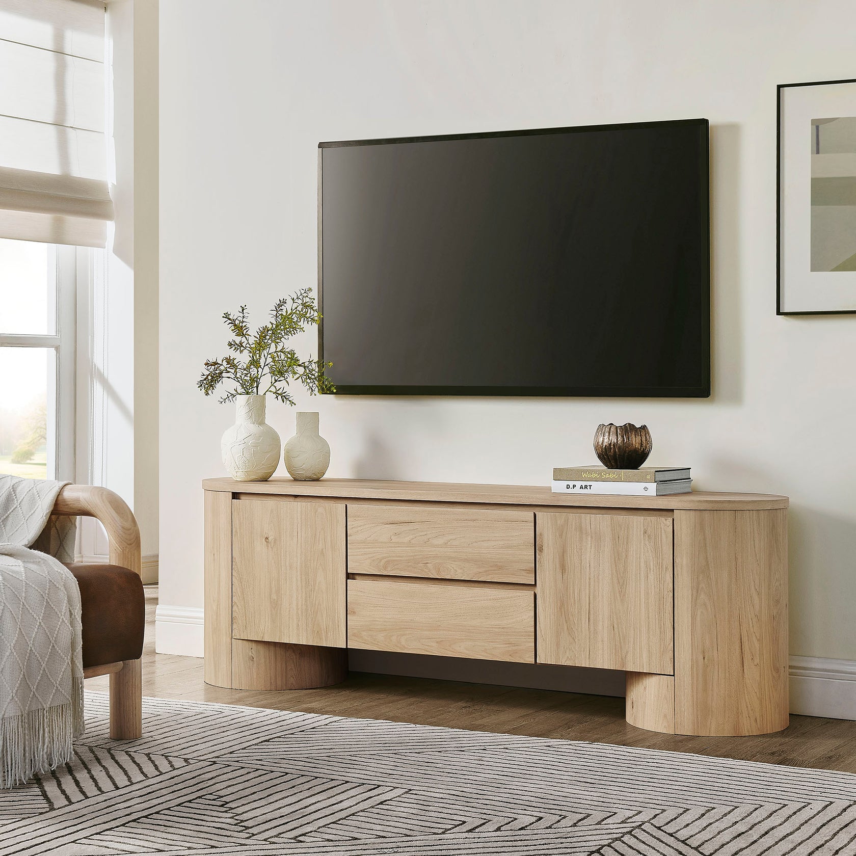 71 Inch Oval TV Cabinet in Light Oak