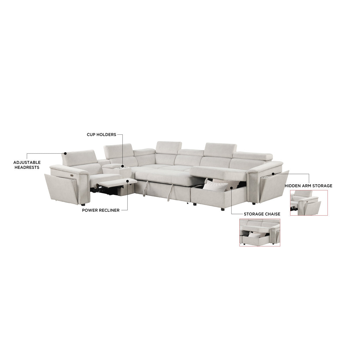 Harvey Sectional Sofa Beige with Power Recliner and Storage Chaise