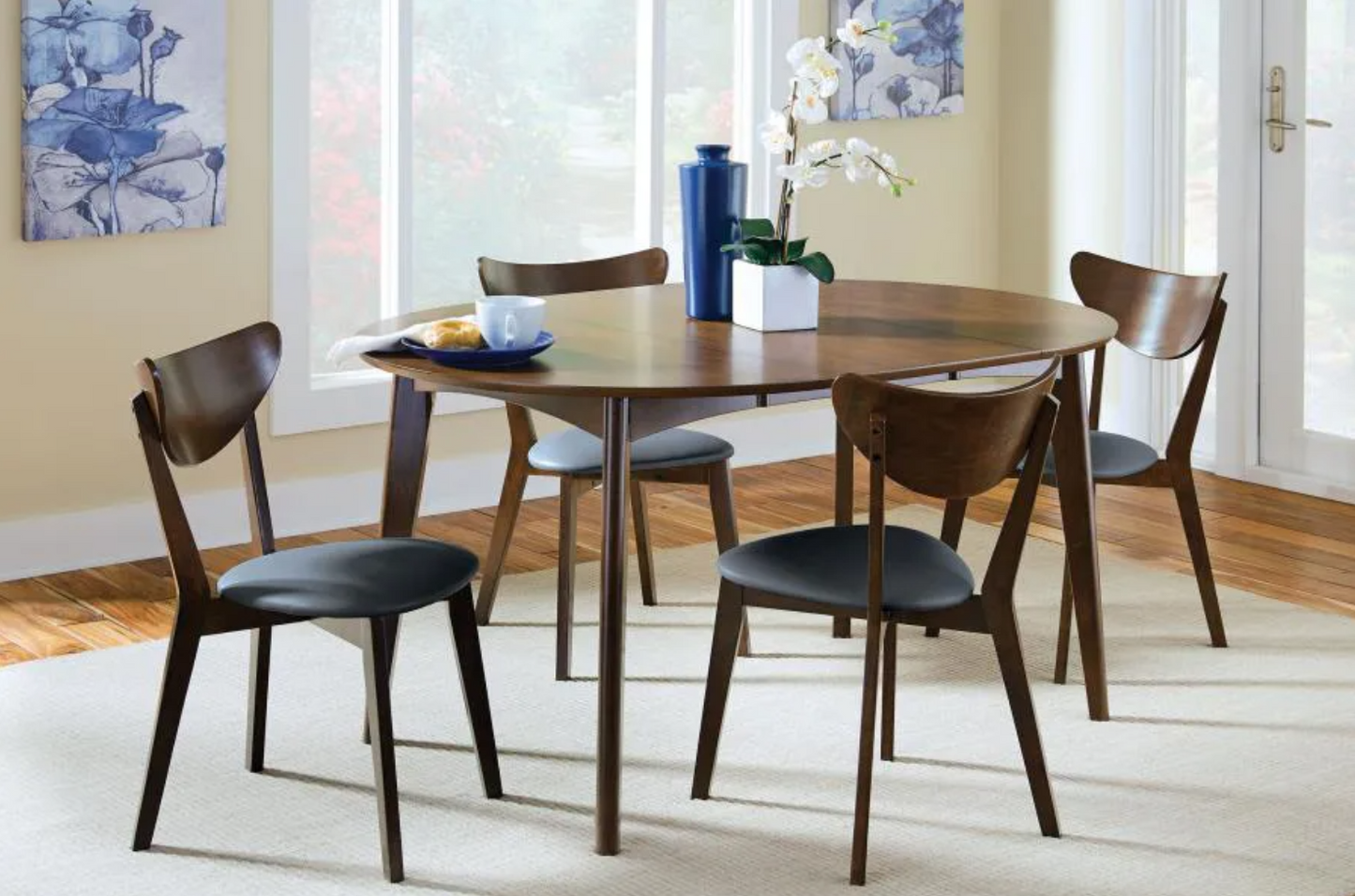 5-Piece Oval Table Dining Set, Dark Walnut & Black