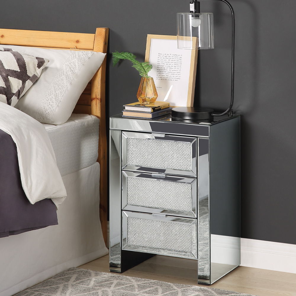 Noralie - Accent Table, 3 Storage Drawers - Mirrored & Faux Diamonds