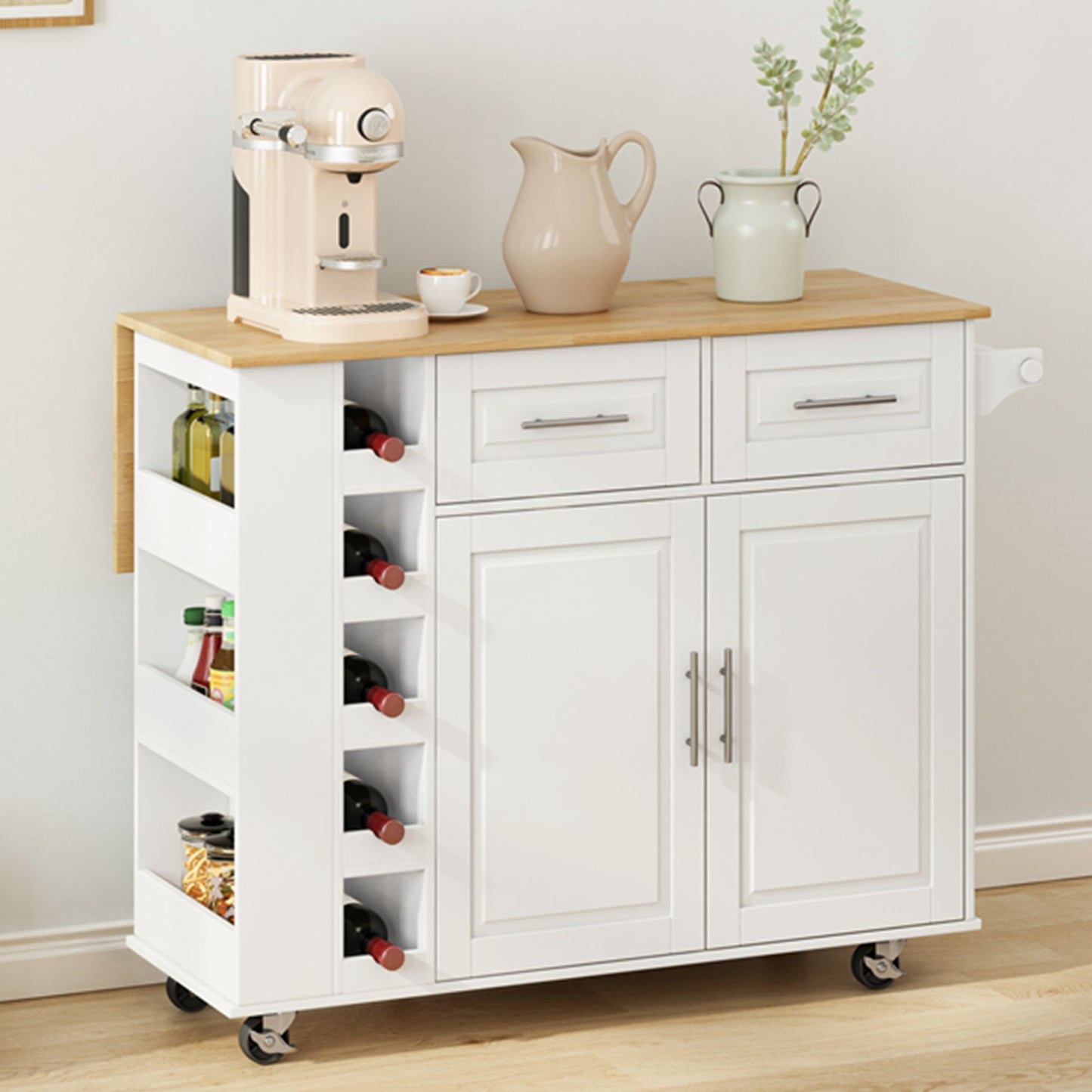 Kitchen Island Cart With 2 Door Cabinet, 2 Drawers, Spice Rack, Towel Holder, Wine Rack, And Foldable Top - White