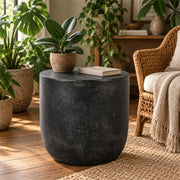 Outdoor Lightweight Concrete End Table With Natural Texture - Matte Black