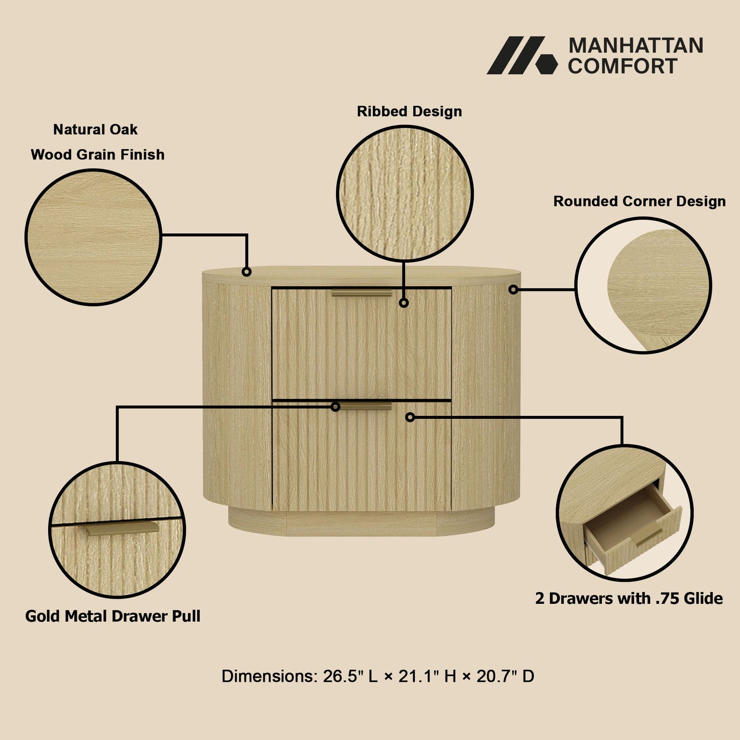 Olivia - Nightstand & 2 Drawers - Oak