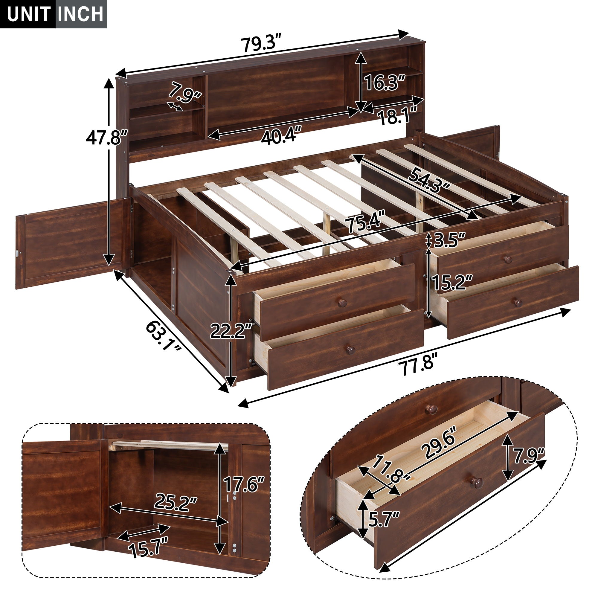 Full Size Captain Bed With Built In Storage Shelves, 4 Drawers And 2 Cabinets - Antique Brown