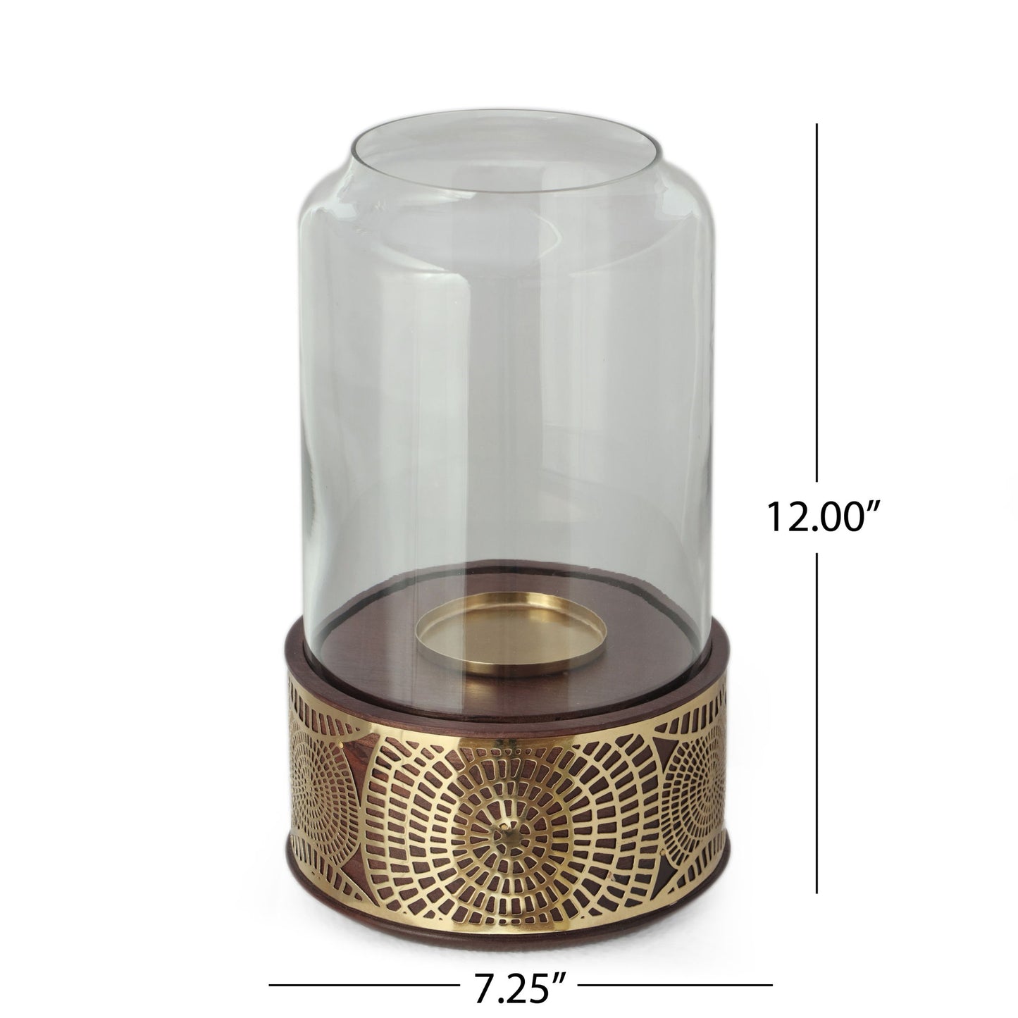 Boho Handcrafted Mango Wood Hurricane Candle Holder With Tempered Glass And Metal Accents - Brown