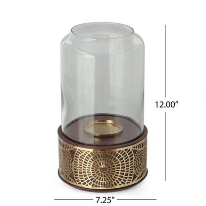 Boho Handcrafted Mango Wood Hurricane Candle Holder With Tempered Glass And Metal Accents - Brown