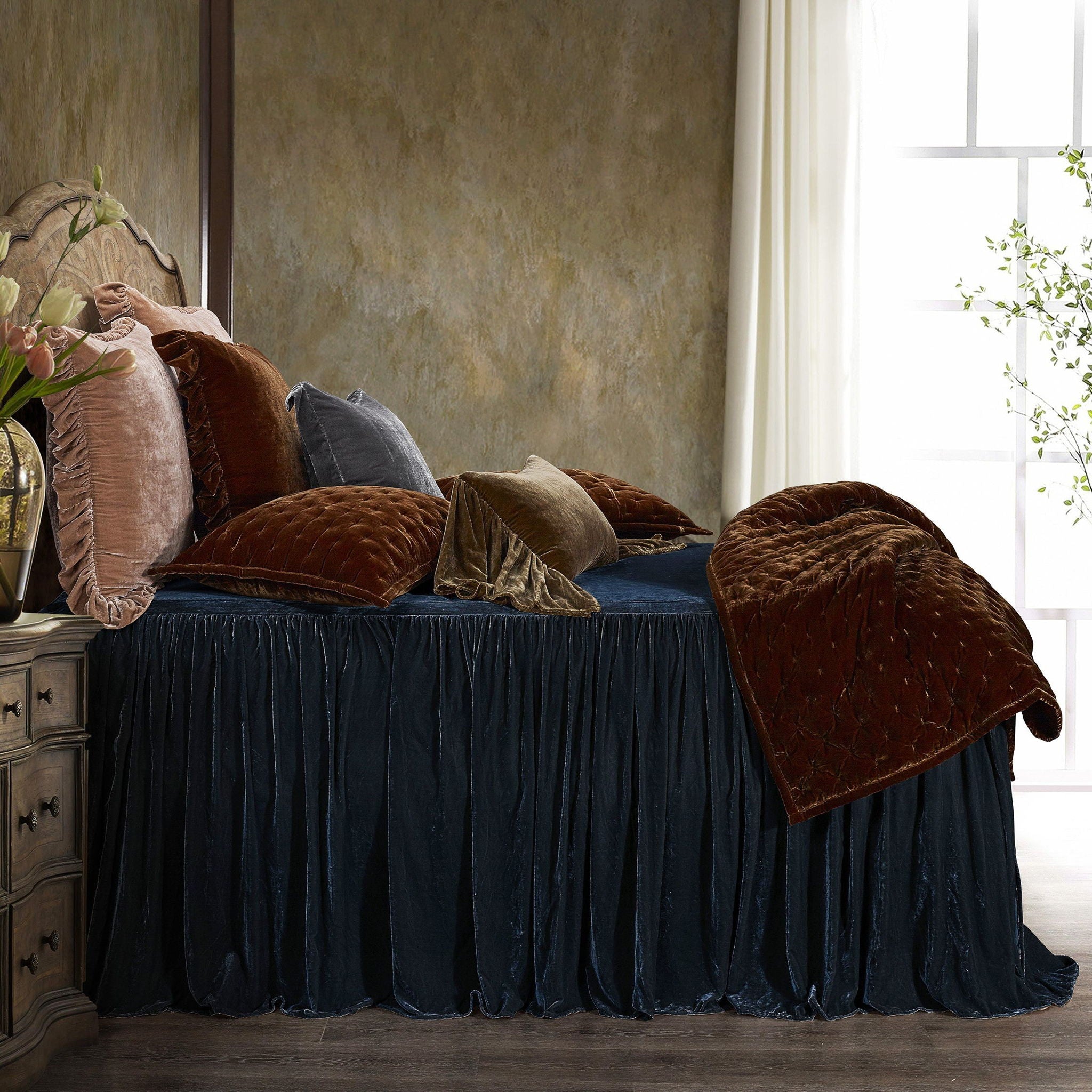 Stella - Twin Faux Silk Velvet Bedspread Set (Set of 2) - Midnight Blue