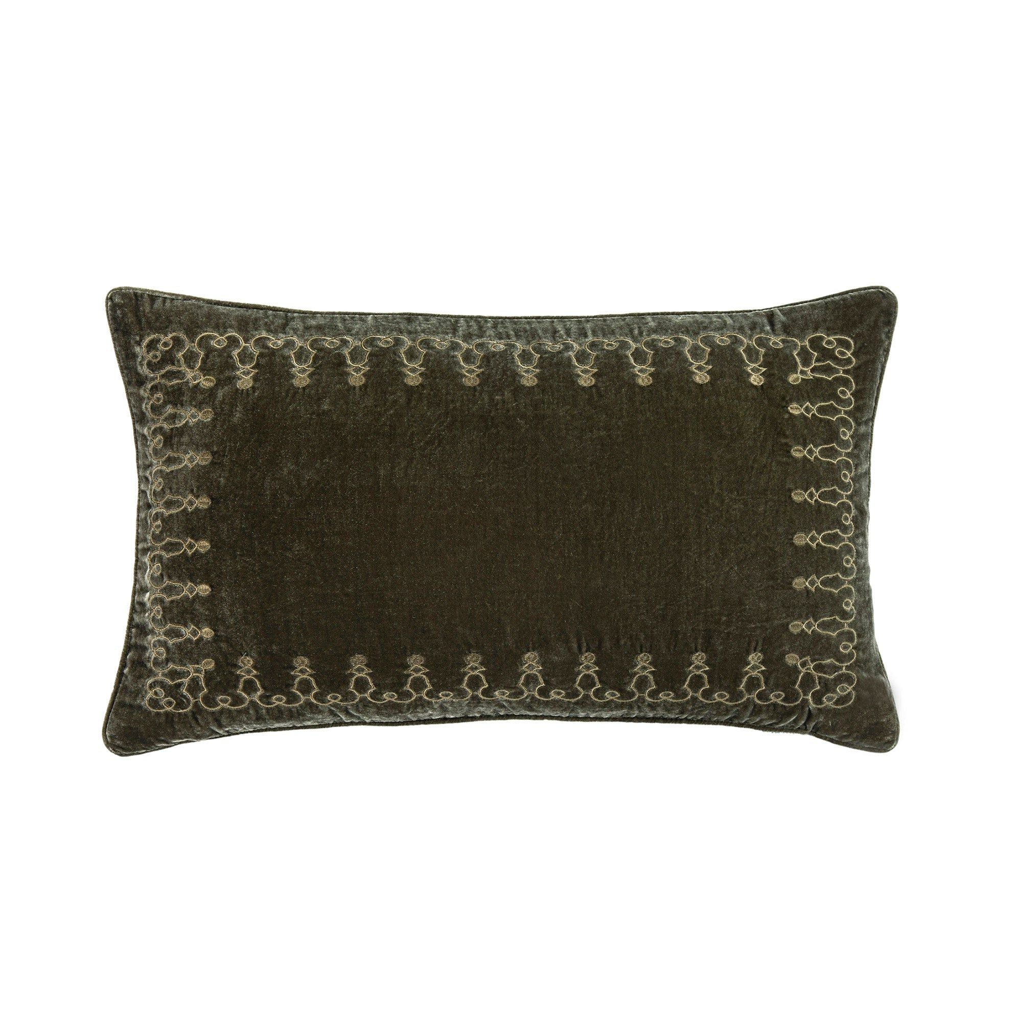 Stella - Faux Silk Velvet Embroidered Lumbar Pillow - Fern Green