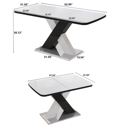 Rectangle Dining Table, Stretchable, Table Top With X Shape And Legs And Base - White / Black