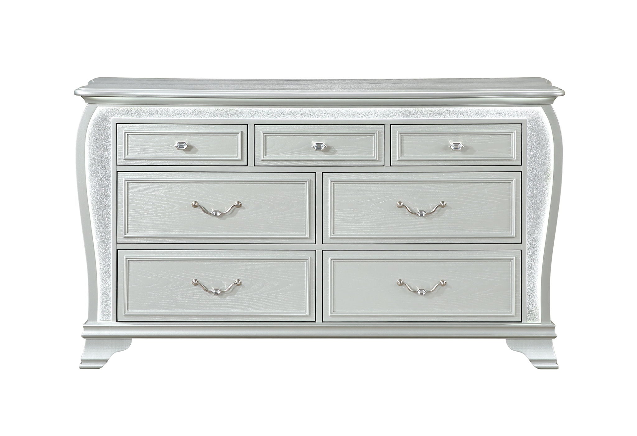 Aria - 5 Piece King Bedroom Set (Bed, Dresser & Mirror, Nightstand, Chest) - Silver