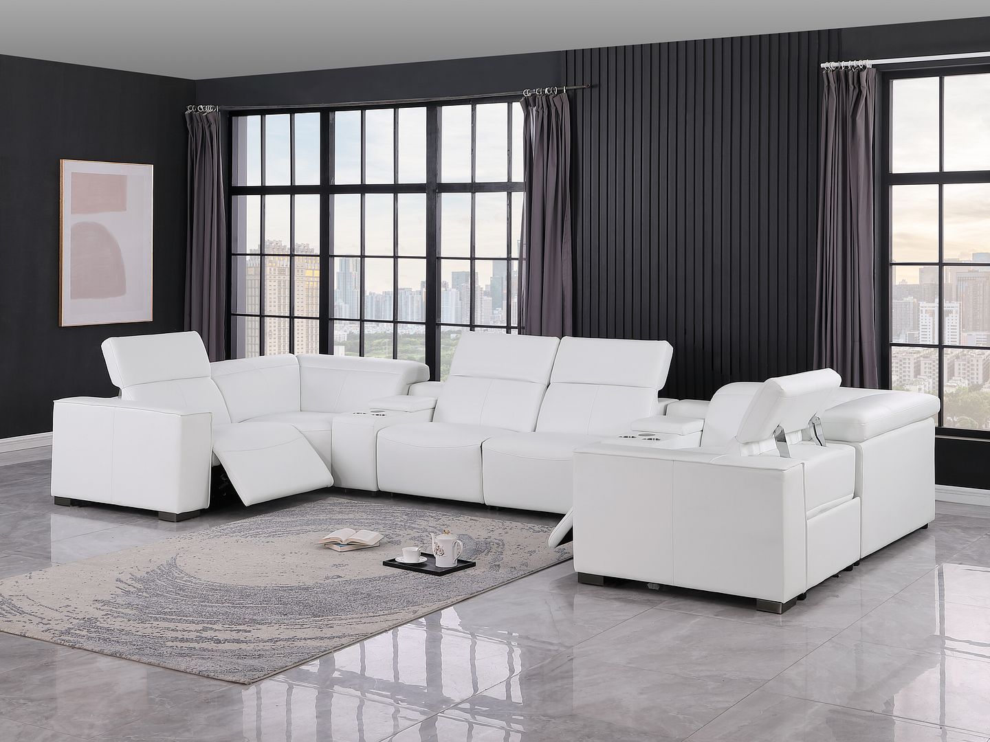 1208 - 8 Piece Modular Leather Sectional With 2 Power Recliners & Power Headrests