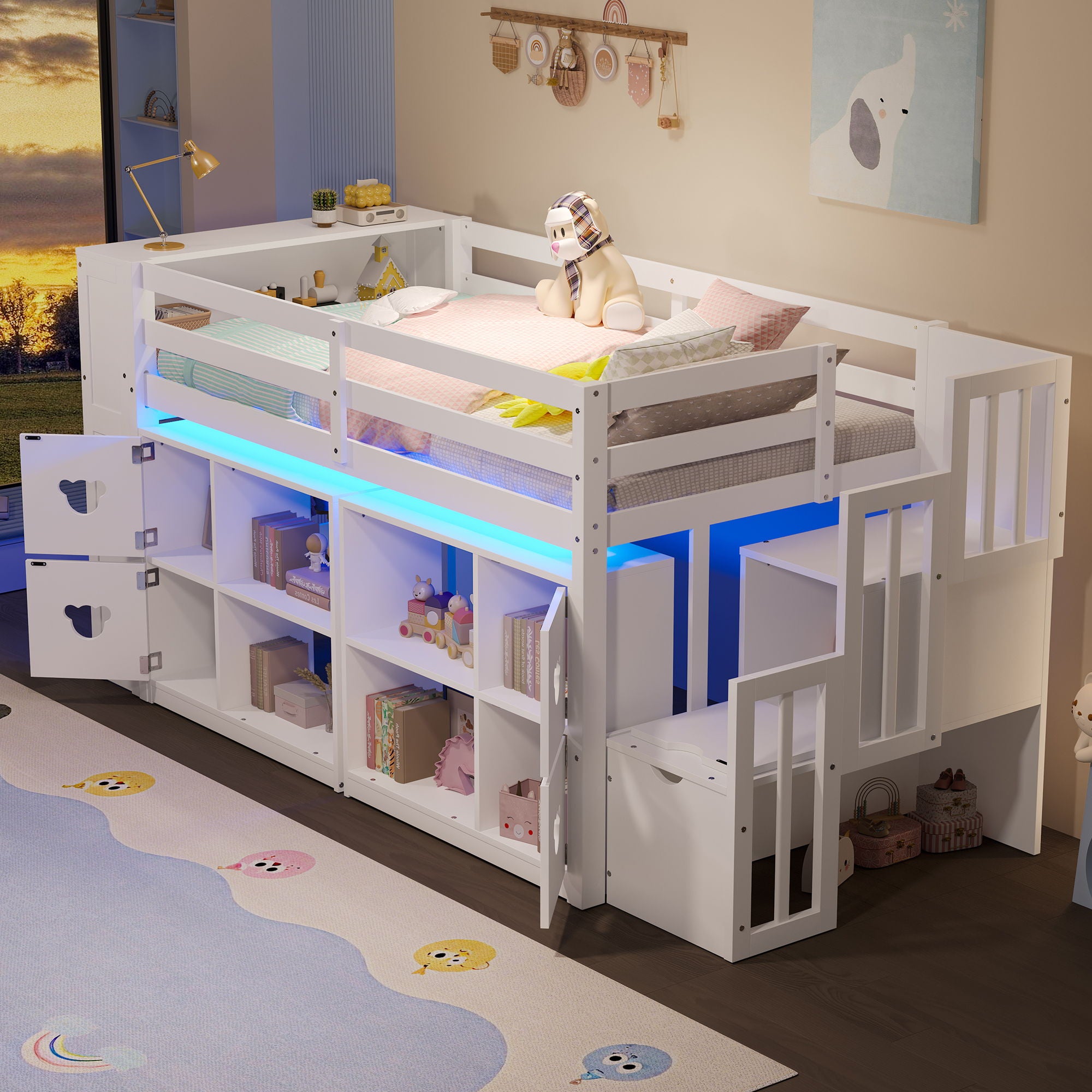 Loft Bed With Storage Cabinets, Staircase Drawers & LED Lights - Thumbnail 2