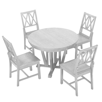 Topmax - 5 Piece Rustic Extendable Dining Table Set Round Trestle Table And 4 Cross Back Dining Chairs For Kitchen, Dining Room