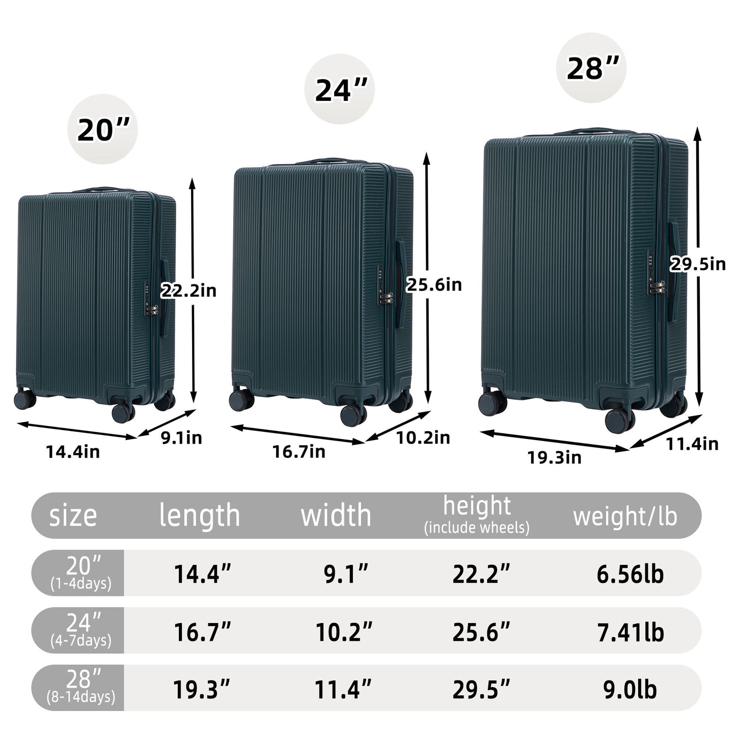 20" / 24" / 28" 3 Pieces / Set Spinner Wheel Luggage, Carry On Suitcase, Matching Color, TSA Combination Lock