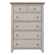 Farmhouse Reimagined - 5 Drawer Chest - Antique White / Chestnut Tops