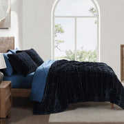 Stella - Full/Queen Faux Silk Velvet Double Box Stitch Quilt Set (Set of 3) - Midnight Blue