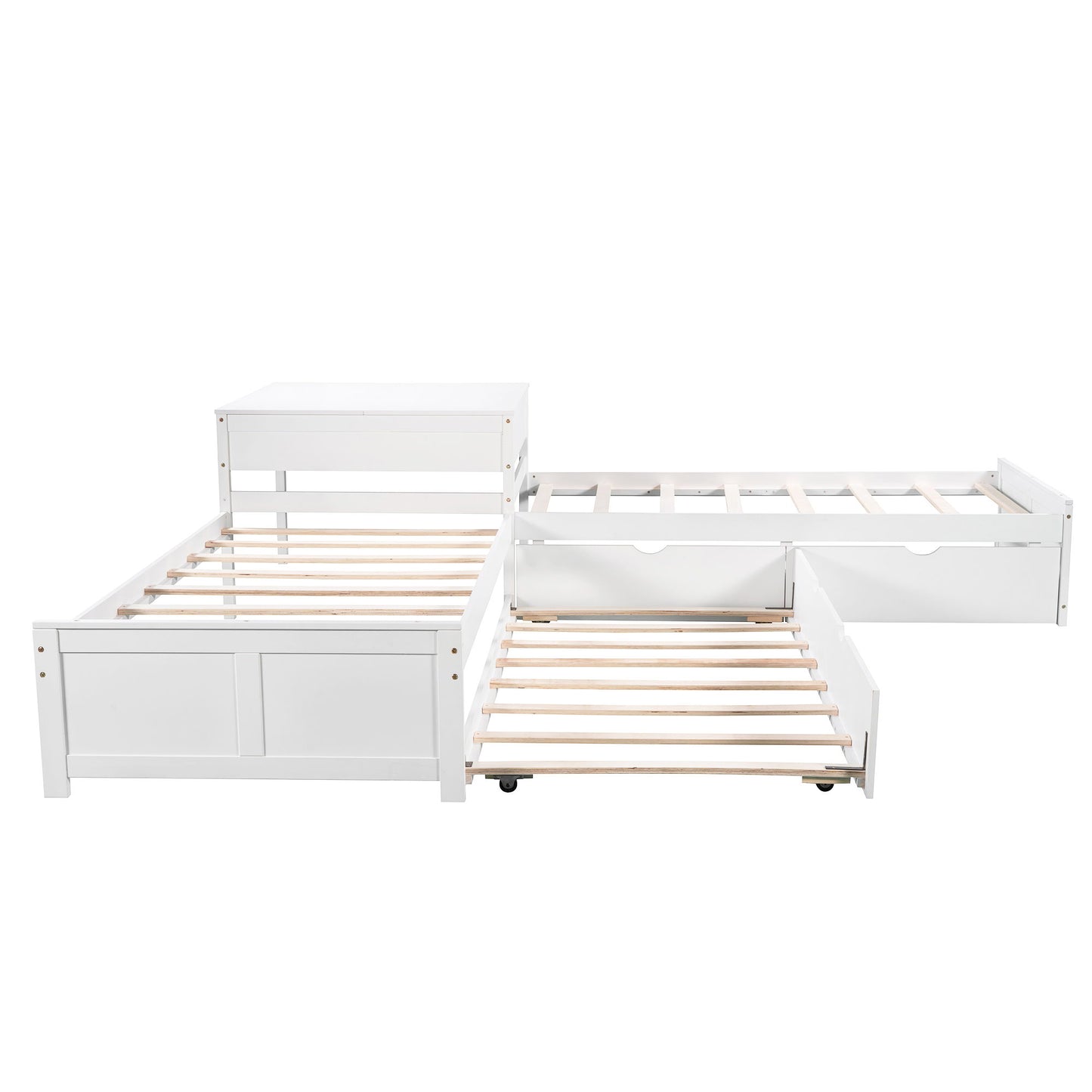 L Shaped Platform Bed With Trundle And Drawers Linked With Built In Desk