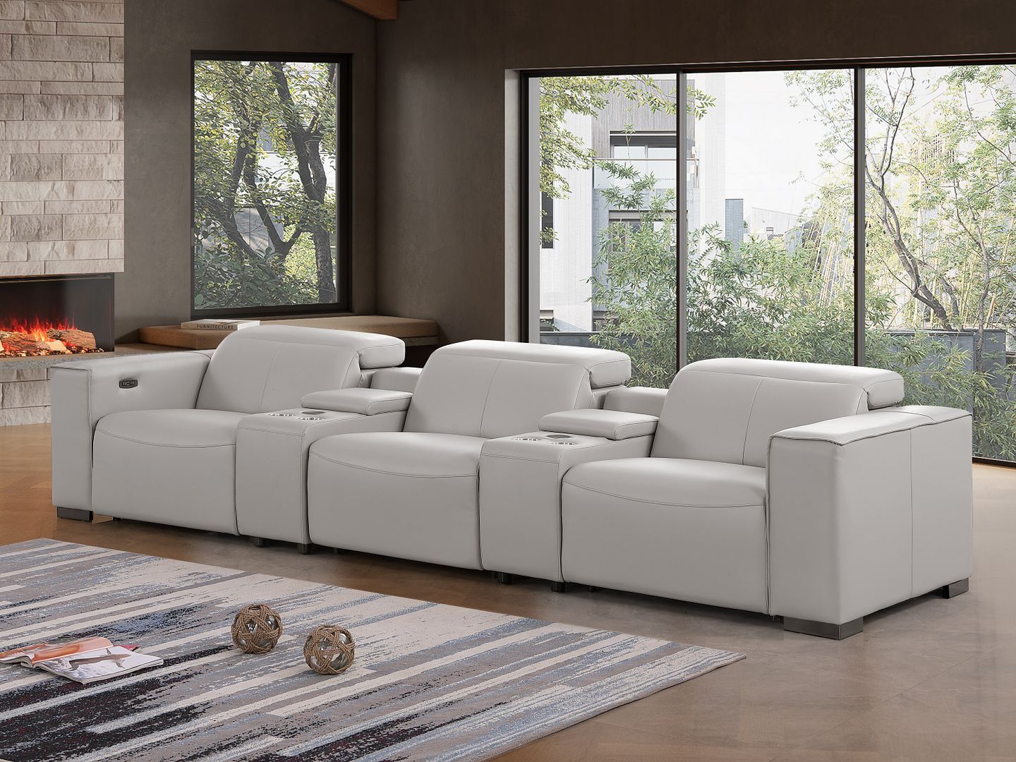 1208 - Leather Sofa With 3 Power Recliners And Two Storage Consoles