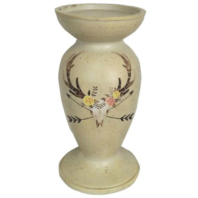 Desert Skull - Skull/Floral Pedestal Candle Holder, 2 Per Carton - Cream