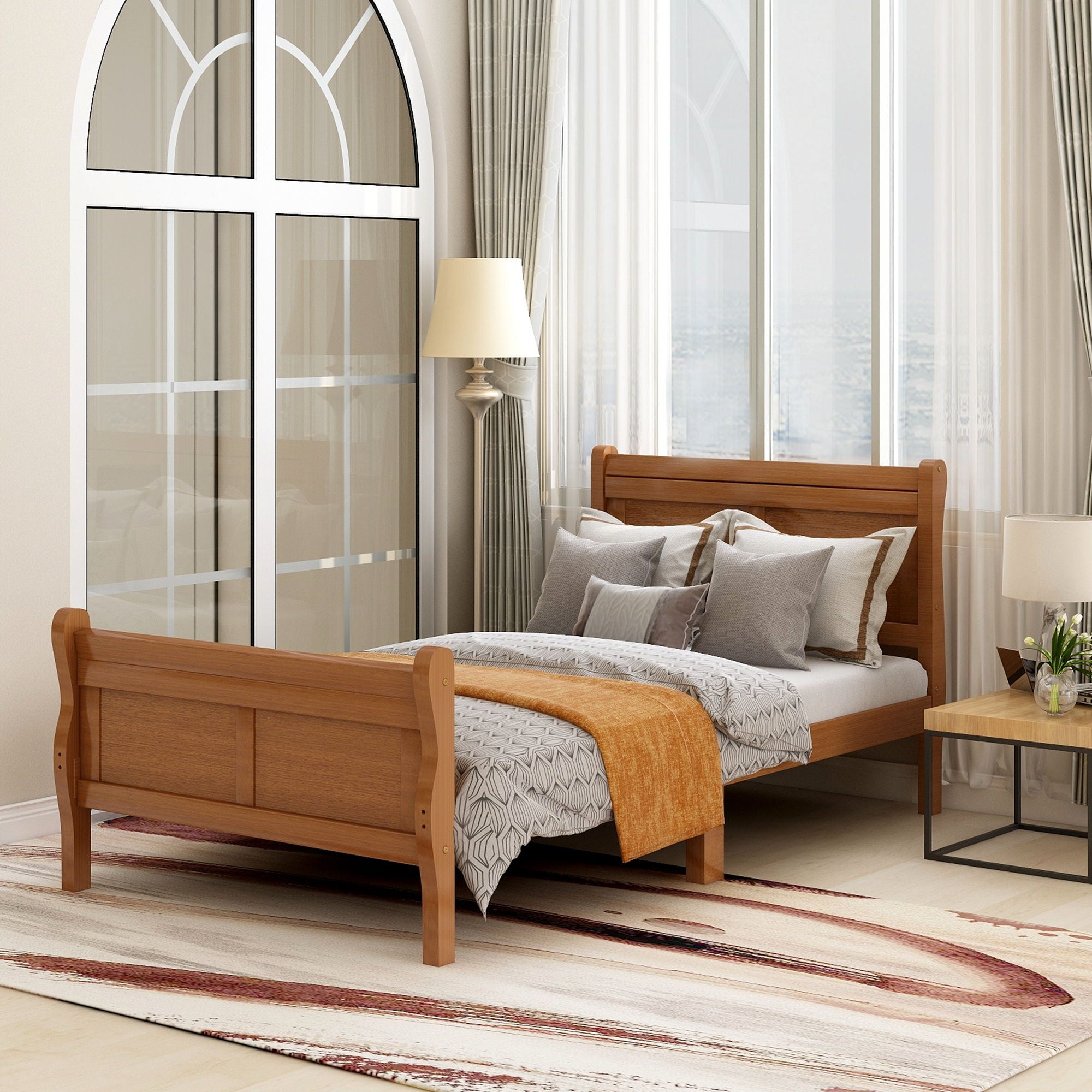 Platform Bed Frame Mattress Foundation Sleigh Bed With Headboard / Footboard / Wood Slat Suppor