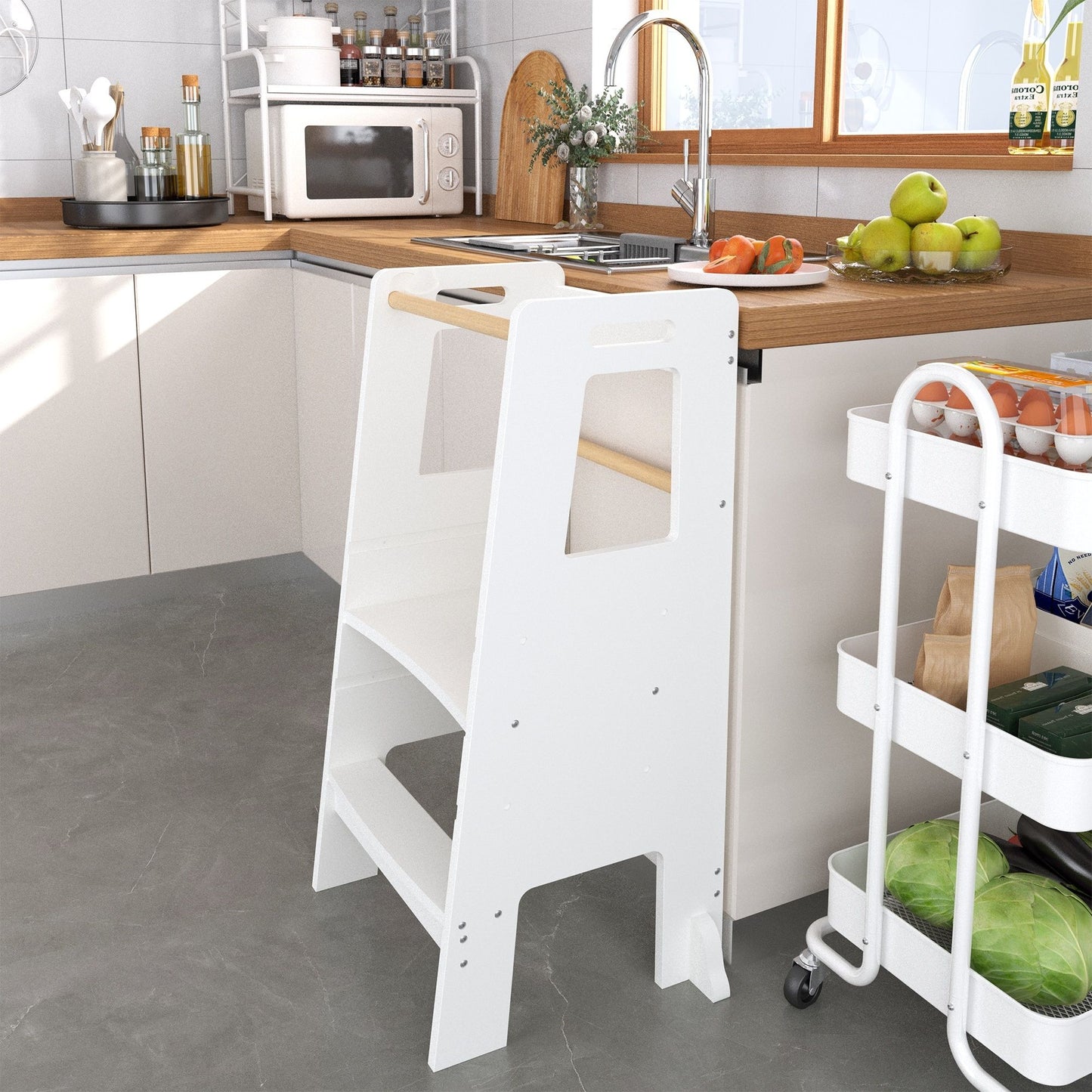 Standing Tower, Child Kitchen Step Stool Toddler, Montessori Stool Adjustable Height - White
