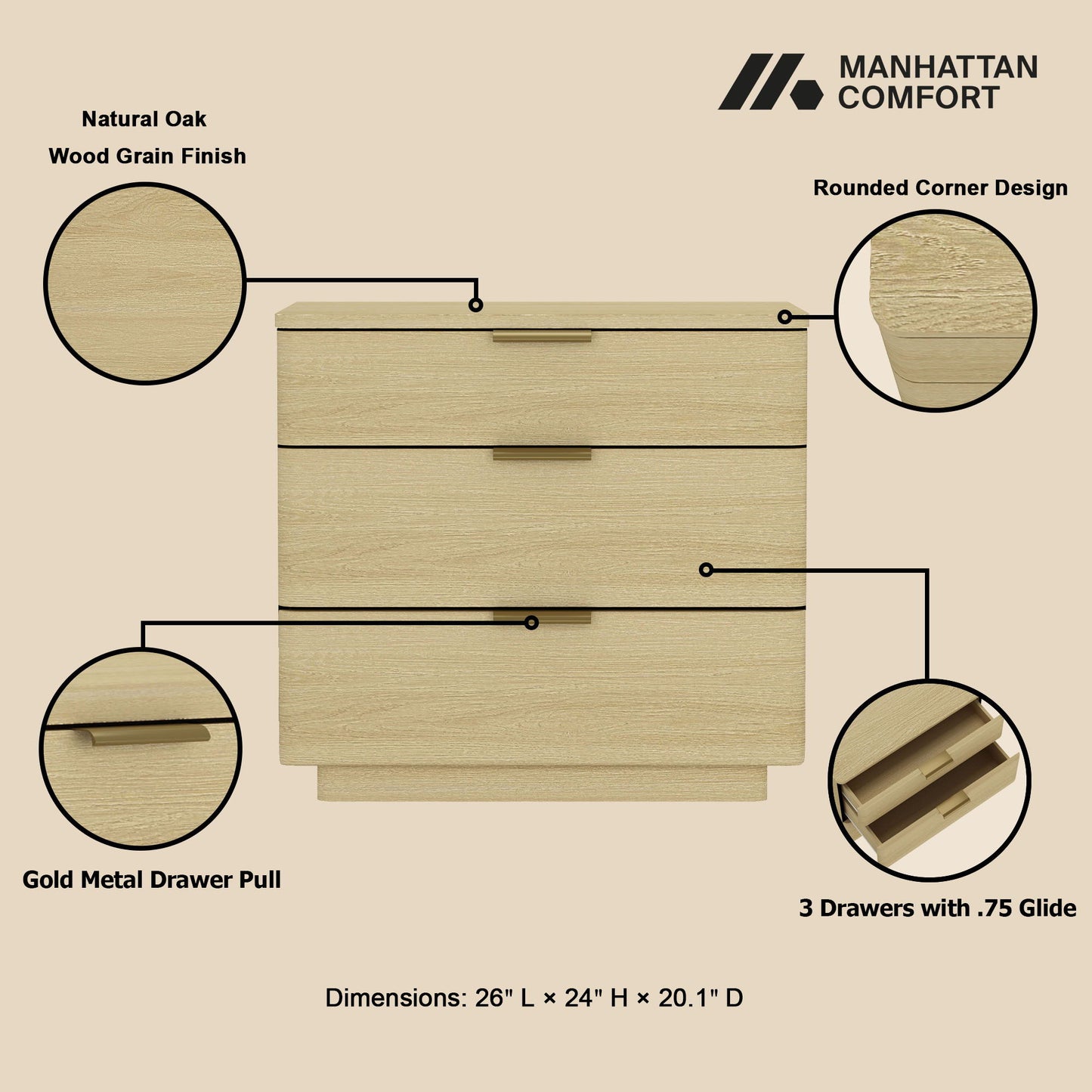 Payton - Nightstand With 3 Drawers - Oak