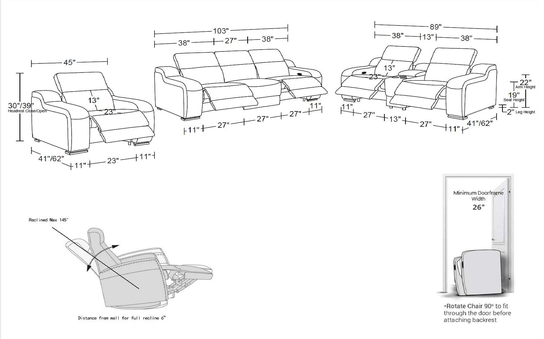 1116 - 7-Piece Modular Power Reclining Sofa, Loveseat & Chair Set In With 5 Power Recliners & Power Headrests