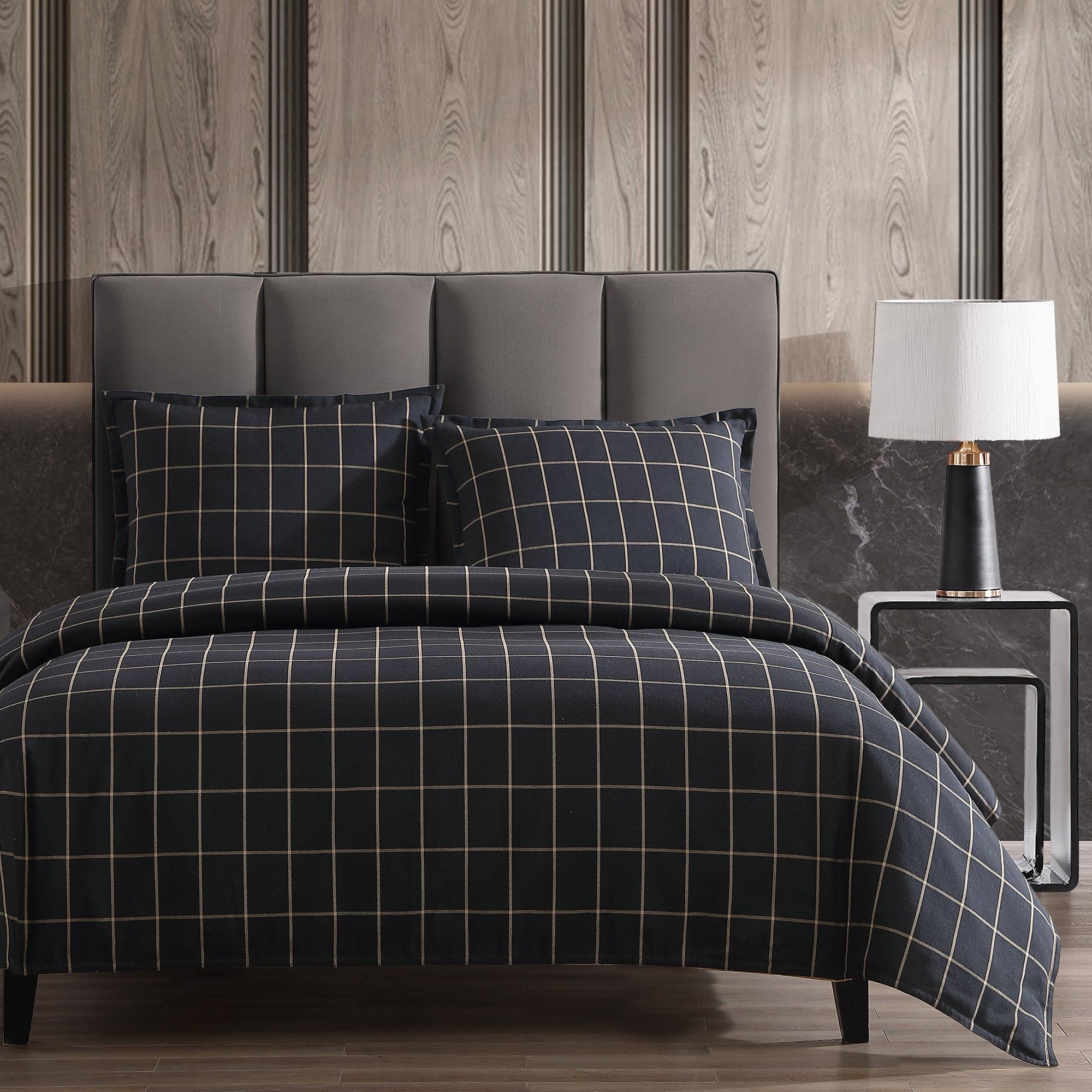 Windowpane - King Plaid Duvet Cover Set (Set of 3) - Black