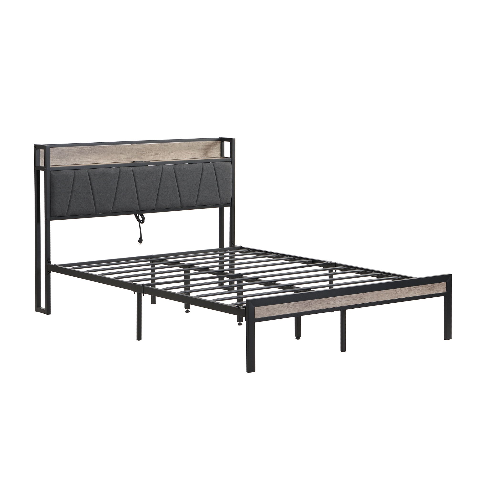 Modern Bed Frame With LED Lights, Upholstered Headboard, USB Charging