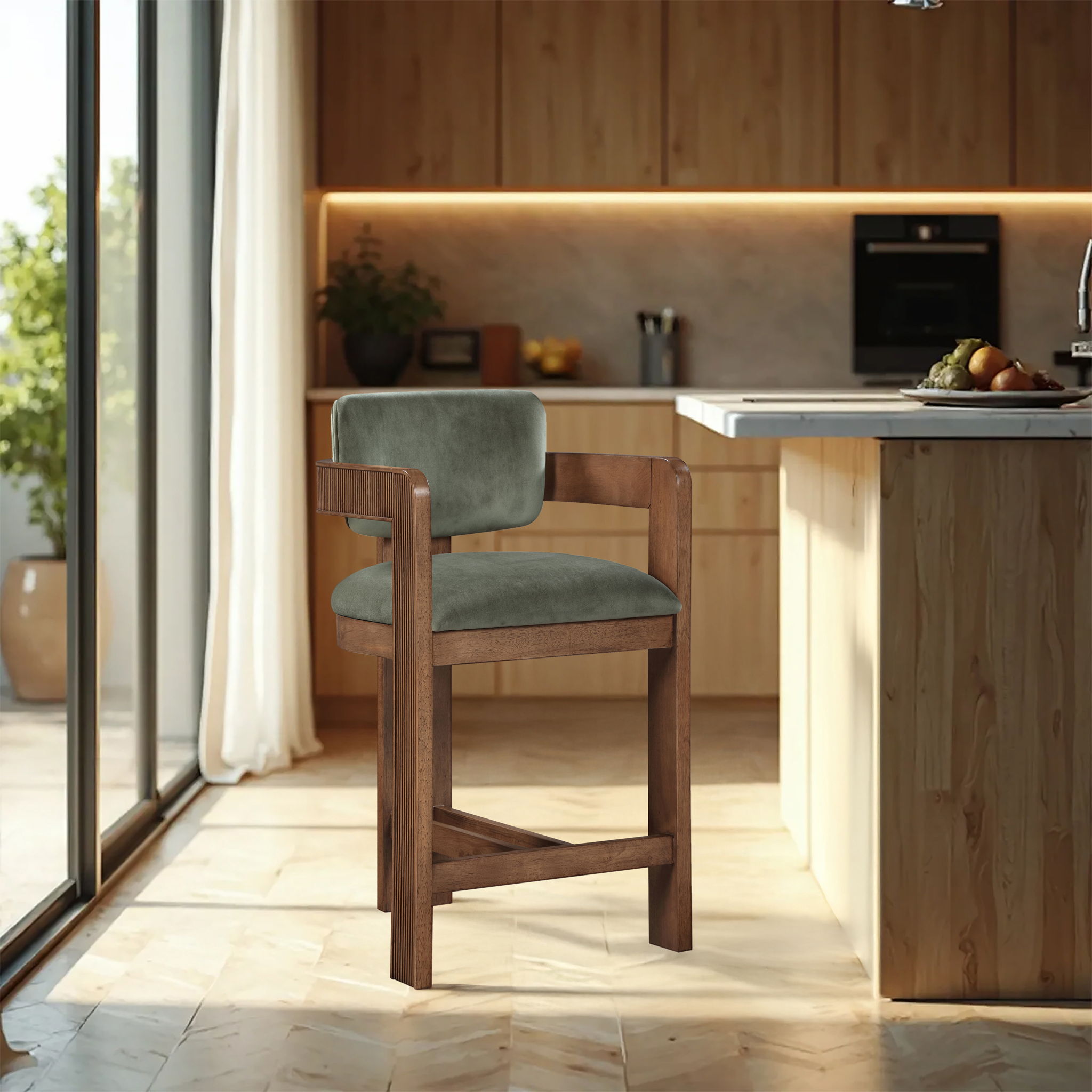 Sacha - Velvet Stool With Brown Base